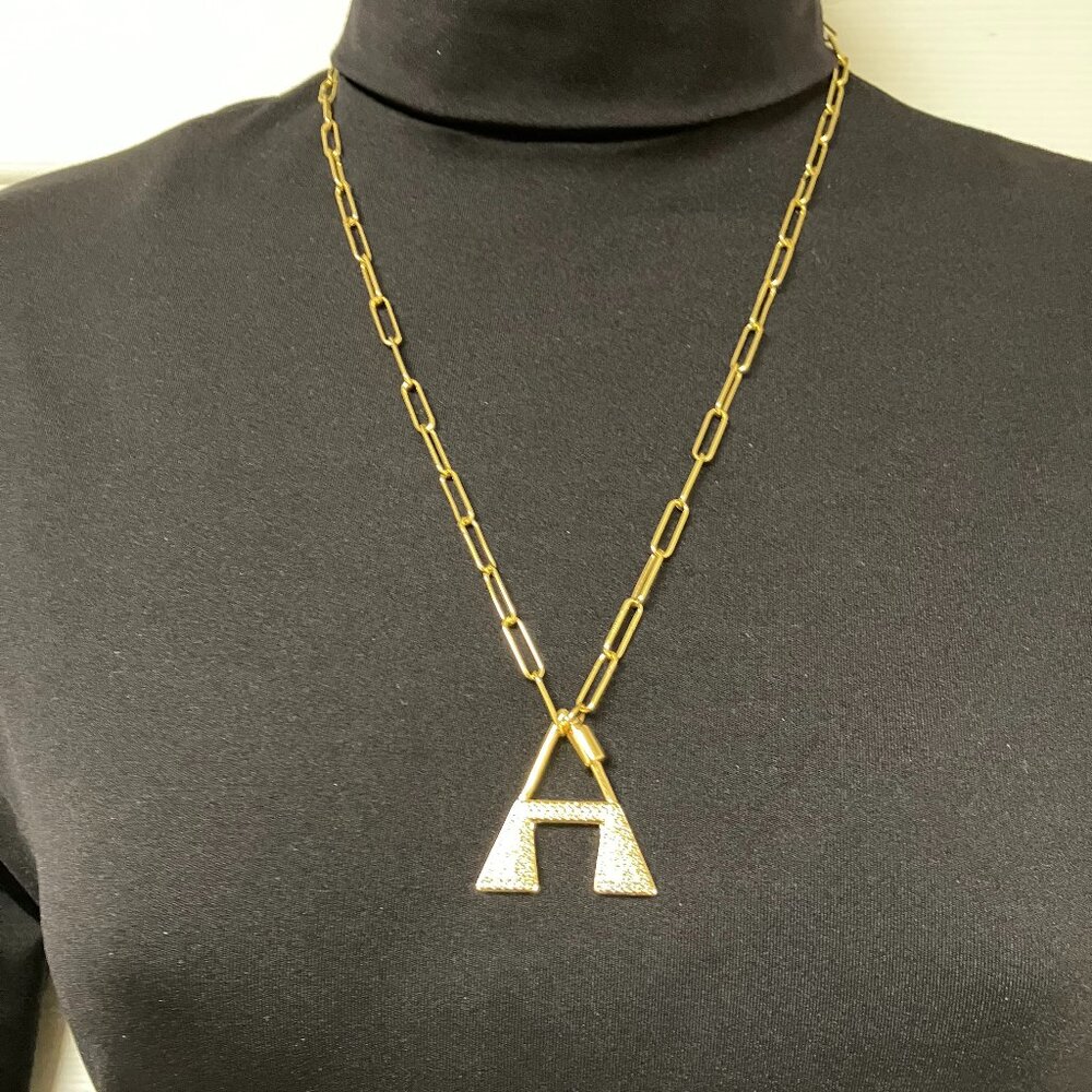 Brass Letter "A" Pendant Cubic Zirconia 22-inch Real 18K GP Paper Clip Chain NEW